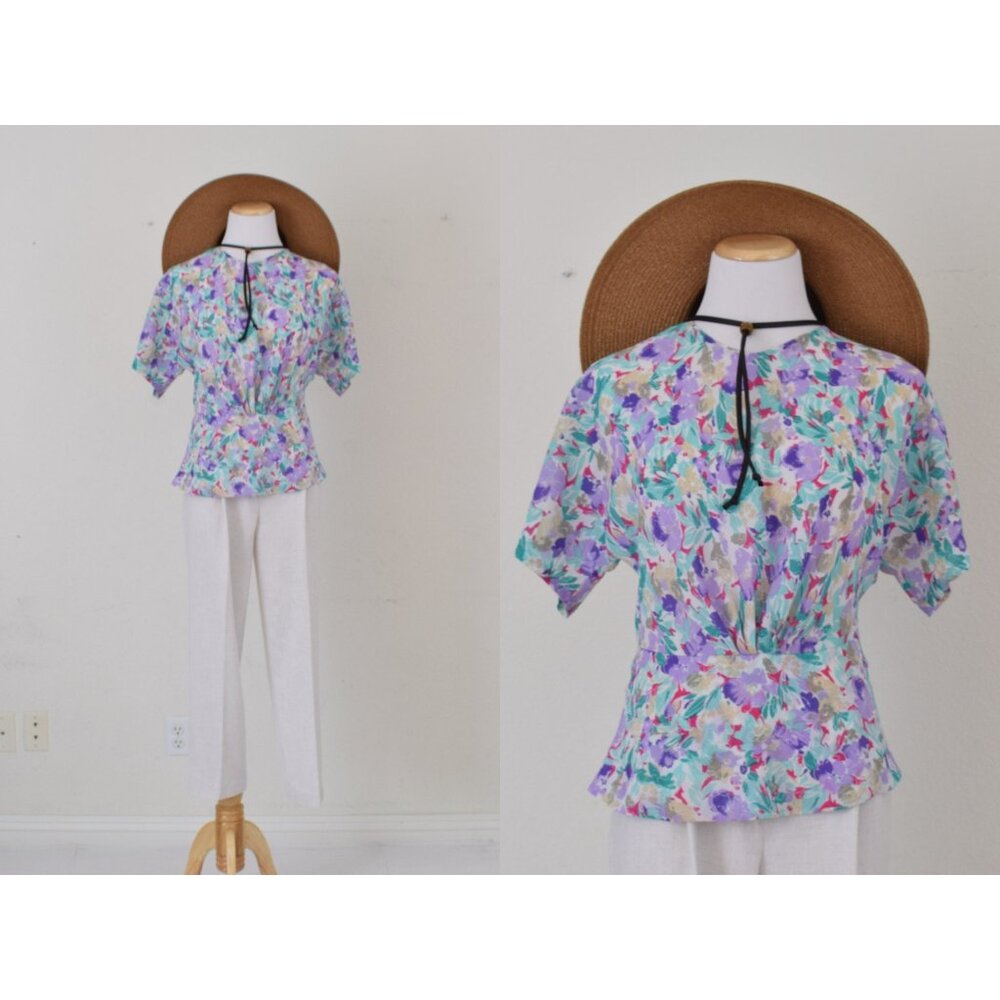 Vintage 80s Semi-Sheer Floral Polyester Peplum blouse‎ | size 8